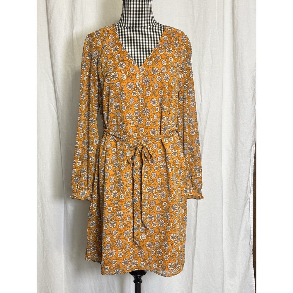 LOFT Orange Floral Print Long Sleeve V-Neck Belted Shift Dress Size Medium NEW!